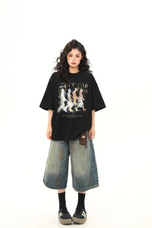 Womenâ€™s Vintage Blurry Portrait Print Short Sleeve T-Shirt - Summer Round Neck Loose Fit Couples Tee - 90s Inspired Fashion