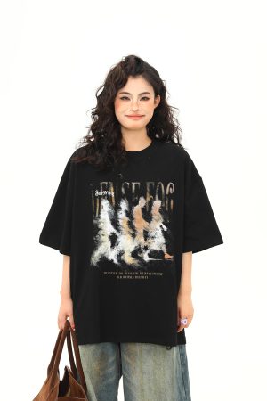 Womenâ€™s Vintage Blurry Portrait Print Short Sleeve T-Shirt - Summer Round Neck Loose Fit Couples Tee - 90s Inspired Fashion