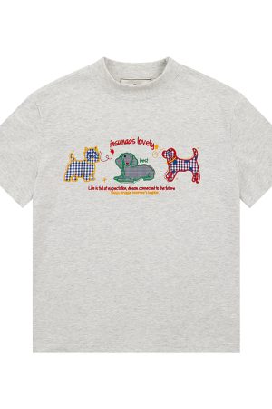 Women's Vintage Cartoon Dog Embroidery Shoulder T-Shirt, Slightly Loose Fit, Slimming Short Sleeve, Versatile Y2K Style