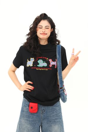 Women's Vintage Cartoon Dog Embroidery Shoulder T-Shirt, Slightly Loose Fit, Slimming Short Sleeve, Versatile Y2K Style