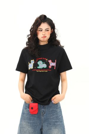 Women's Vintage Cartoon Dog Embroidery Shoulder T-Shirt, Slightly Loose Fit, Slimming Short Sleeve, Versatile Y2K Style