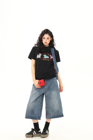 Women's Vintage Cartoon Dog Embroidery Shoulder T-Shirt, Slightly Loose Fit, Slimming Short Sleeve, Versatile Y2K Style