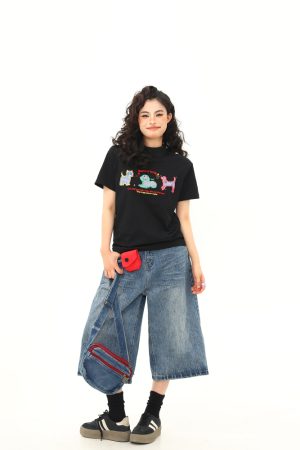 Women's Vintage Cartoon Dog Embroidery Shoulder T-Shirt, Slightly Loose Fit, Slimming Short Sleeve, Versatile Y2K Style