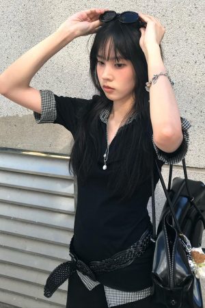 Women's Vintage Color-Blocked Plaid Polo Shirt - Short Sleeve Slim Fit Summer Top - Trendy College Style Fake Two-Piece