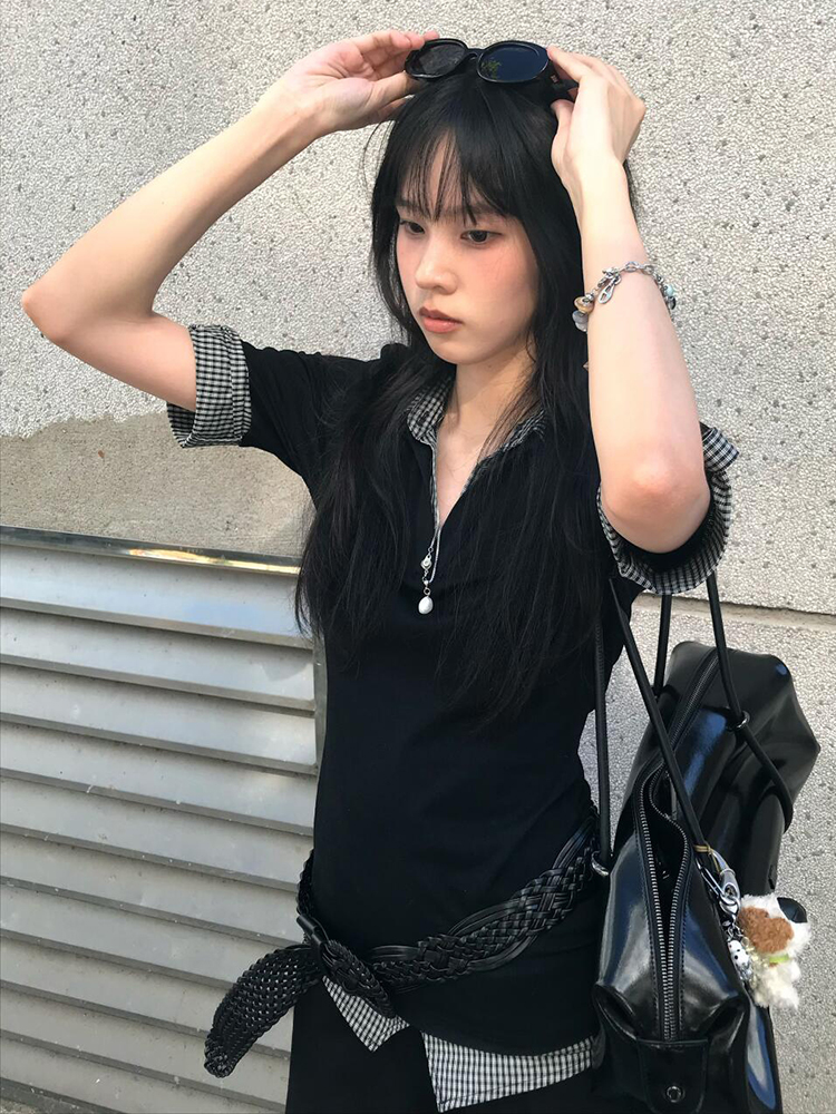 Women's Vintage Color-Blocked Plaid Polo Shirt - Short Sleeve Slim Fit Summer Top - Trendy College Style Fake Two-Piece Women's Vintage Color-Blocked Plaid Polo Shirt - Short Sleeve Slim Fit Summer Top - Trendy College Style Fake Two-Piece