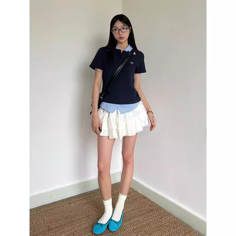 Women's Vintage Color-Blocked Plaid Polo Shirt - Short Sleeve Slim Fit Summer Top - Trendy College Style Fake Two-Piece Women's Vintage Color-Blocked Plaid Polo Shirt - Short Sleeve Slim Fit Summer Top - Trendy College Style Fake Two-Piece