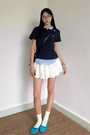 Women's Vintage Color-Blocked Plaid Polo Shirt - Short Sleeve Slim Fit Summer Top - Trendy College Style Fake Two-Piece