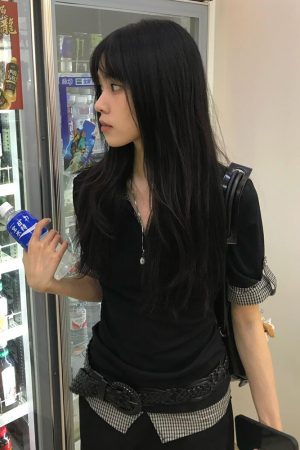 Women's Vintage Color-Blocked Plaid Polo Shirt - Short Sleeve Slim Fit Summer Top - Trendy College Style Fake Two-Piece