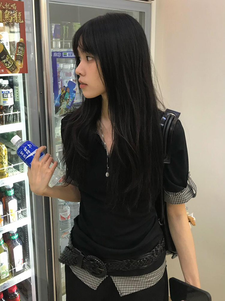 Women's Vintage Color-Blocked Plaid Polo Shirt - Short Sleeve Slim Fit Summer Top - Trendy College Style Fake Two-Piece Women's Vintage Color-Blocked Plaid Polo Shirt - Short Sleeve Slim Fit Summer Top - Trendy College Style Fake Two-Piece