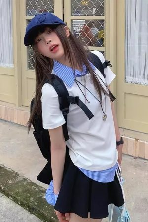 Women's Vintage Color-Blocked Plaid Polo Shirt - Short Sleeve Slim Fit Summer Top - Trendy College Style Fake Two-Piece