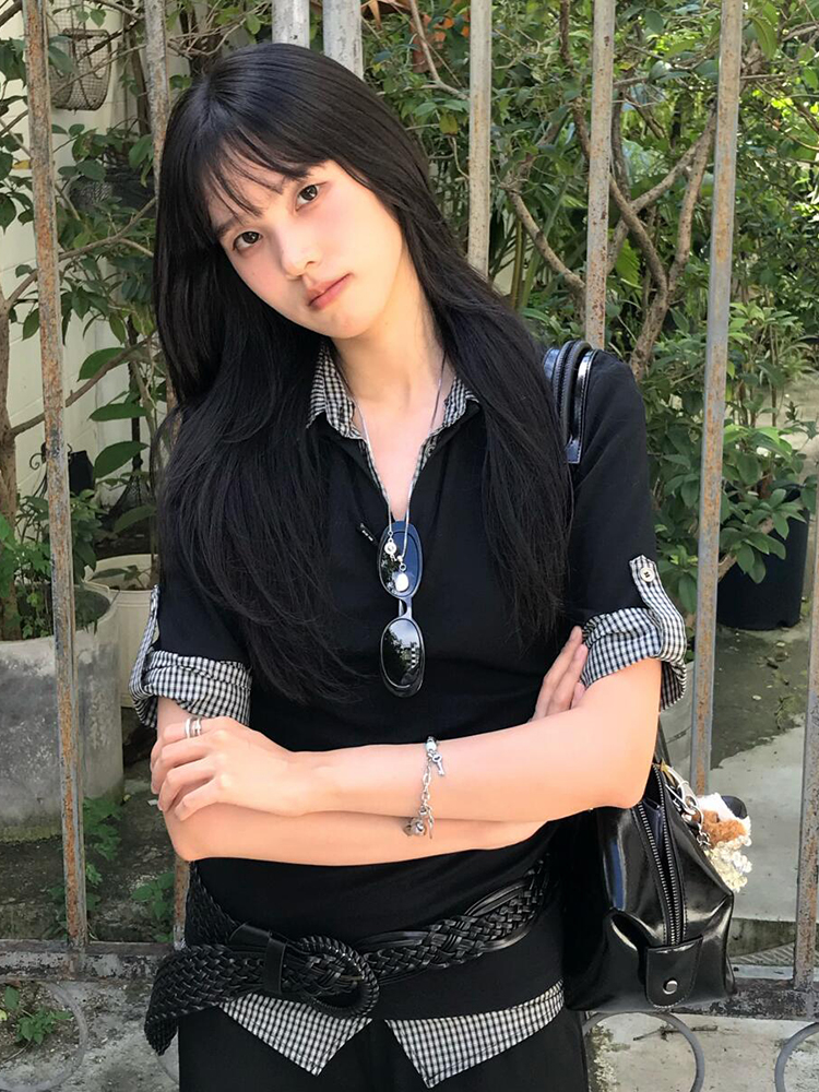 Women's Vintage Color-Blocked Plaid Polo Shirt - Short Sleeve Slim Fit Summer Top - Trendy College Style Fake Two-Piece Women's Vintage Color-Blocked Plaid Polo Shirt - Short Sleeve Slim Fit Summer Top - Trendy College Style Fake Two-Piece