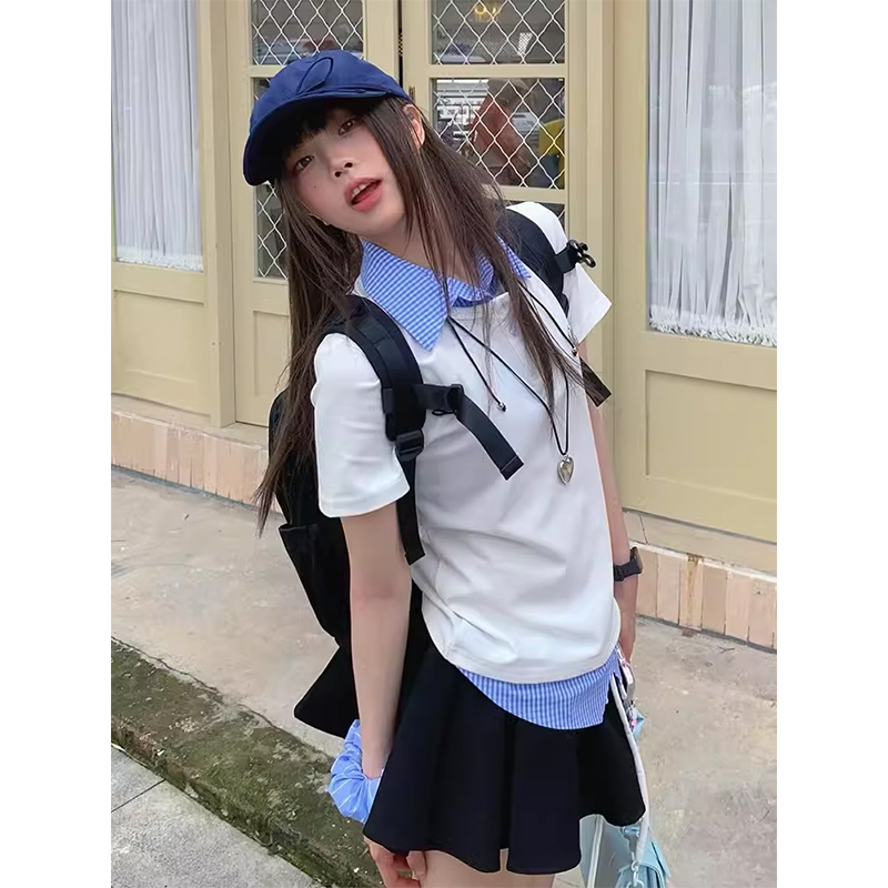 Women's Vintage Color-Blocked Plaid Polo Shirt - Short Sleeve Slim Fit Summer Top - Trendy College Style Fake Two-Piece Women's Vintage Color-Blocked Plaid Polo Shirt - Short Sleeve Slim Fit Summer Top - Trendy College Style Fake Two-Piece