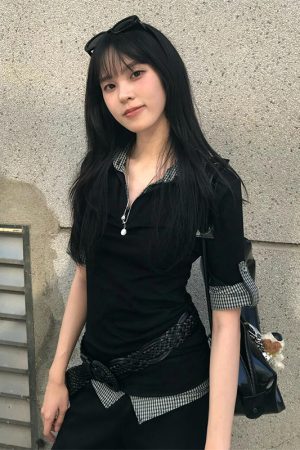 Women's Vintage Color-Blocked Plaid Polo Shirt - Short Sleeve Slim Fit Summer Top - Trendy College Style Fake Two-Piece