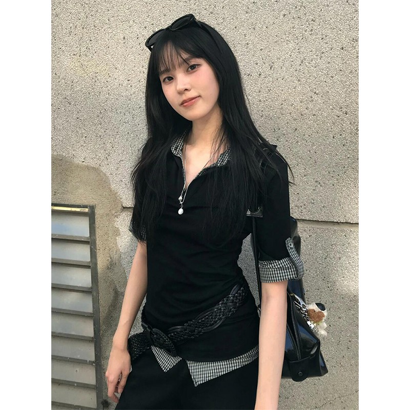 Women's Vintage Color-Blocked Plaid Polo Shirt - Short Sleeve Slim Fit Summer Top - Trendy College Style Fake Two-Piece Women's Vintage Color-Blocked Plaid Polo Shirt - Short Sleeve Slim Fit Summer Top - Trendy College Style Fake Two-Piece