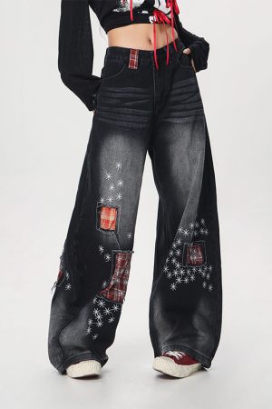 Women's Vintage Distressed Embroidered Denim Pants - Loose Straight Micro-Flare Wide-Leg Style, Team Captain Beer Graphic, 90s Casual Fashion