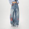 Women's Vintage Distressed Embroidered Denim Pants - Loose Straight Micro-Flare Wide-Leg Style, Team Captain Beer Graphic, 90s Casual Fashion