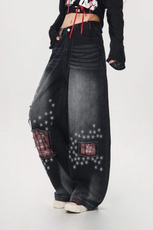 Women's Vintage Distressed Embroidered Denim Pants - Loose Straight Micro-Flare Wide-Leg Style, Team Captain Beer Graphic, 90s Casual Fashion