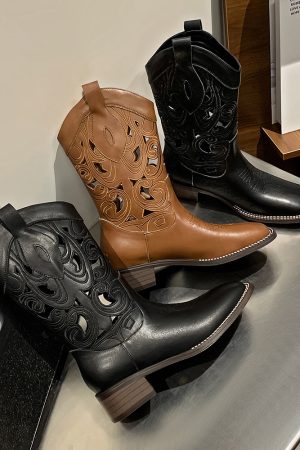 Women's Vintage Embroidered Floral Western Cowboy Boots - Mid-Heel Short Riding Boots with V-Cut Design