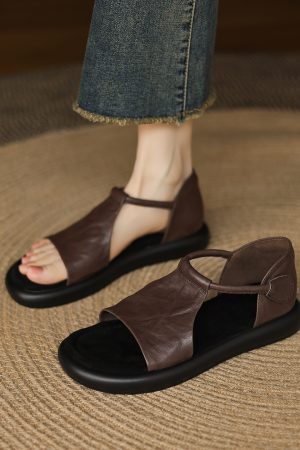 Women's Vintage French Thick-Soled Roman Sandals - Non-Luxury Genuine Leather Open-Toe Round Toe Summer 2025 Footwear