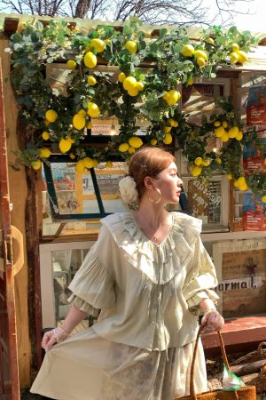 Women's Vintage Green Ruffled Linen Shirt and Floral A-Line Skirt Set - Summer Fashion, Boho Style, Perfect for 90s Inspired Looks