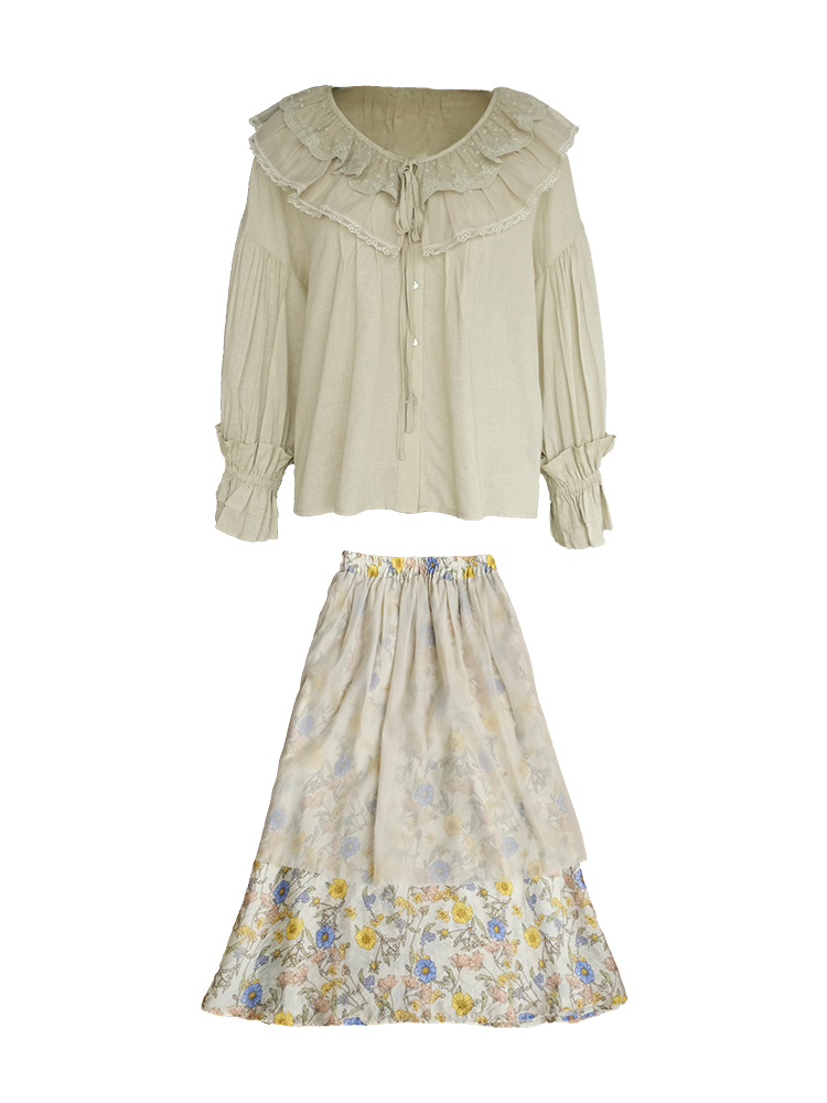 Women's Vintage Green Ruffled Linen Shirt and Floral A-Line Skirt Set - Summer Fashion, Boho Style, Perfect for 90s Inspired Looks Women's Vintage Green Ruffled Linen Shirt and Floral A-Line Skirt Set - Summer Fashion, Boho Style, Perfect for 90s Inspired Looks