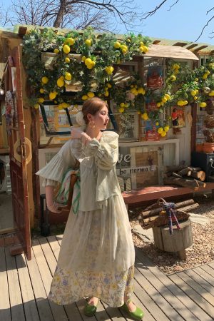 Women's Vintage Green Ruffled Linen Shirt and Floral A-Line Skirt Set - Summer Fashion, Boho Style, Perfect for 90s Inspired Looks