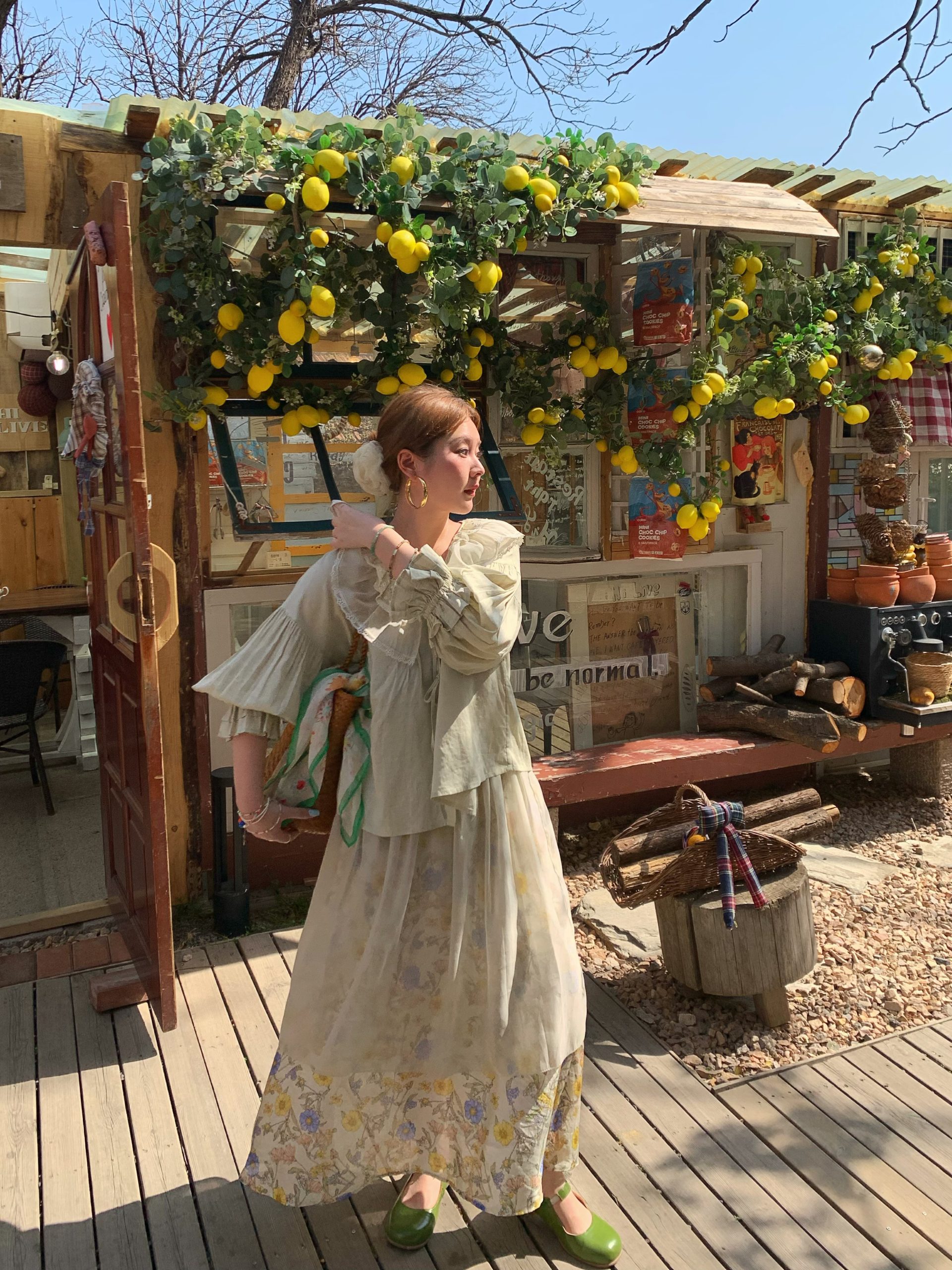 Women's Vintage Green Ruffled Linen Shirt and Floral A-Line Skirt Set - Summer Fashion, Boho Style, Perfect for 90s Inspired Looks Women's Vintage Green Ruffled Linen Shirt and Floral A-Line Skirt Set - Summer Fashion, Boho Style, Perfect for 90s Inspired Looks