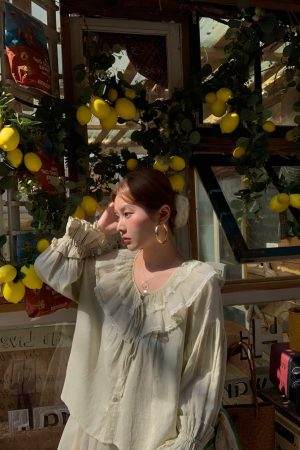 Women's Vintage Green Ruffled Linen Shirt and Floral A-Line Skirt Set - Summer Fashion, Boho Style, Perfect for 90s Inspired Looks