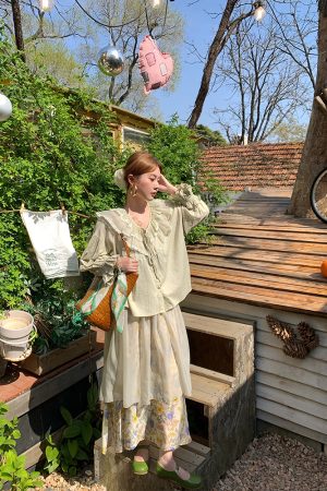 Women's Vintage Green Ruffled Linen Shirt and Floral A-Line Skirt Set - Summer Fashion, Boho Style, Perfect for 90s Inspired Looks