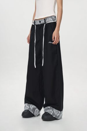 Women's Vintage Khaki Lace Splicing Work Pants - Casual Straight Micro-Flare Wide-Leg Trousers for Y2K Style