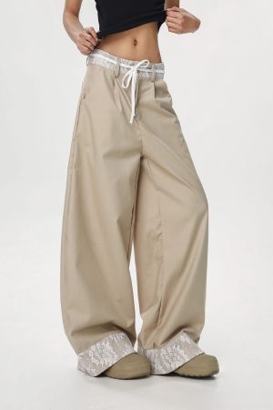Women's Vintage Khaki Lace Splicing Work Pants - Casual Straight Micro-Flare Wide-Leg Trousers for Y2K Style