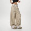Women's Vintage Khaki Lace Splicing Work Pants - Casual Straight Micro-Flare Wide-Leg Trousers for Y2K Style
