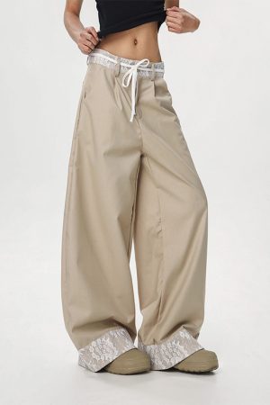 Women's Vintage Khaki Lace Splicing Work Pants - Casual Straight Micro-Flare Wide-Leg Trousers for Y2K Style