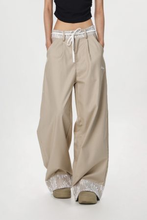 Women's Vintage Khaki Lace Splicing Work Pants - Casual Straight Micro-Flare Wide-Leg Trousers for Y2K Style