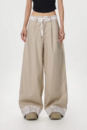 Women's Vintage Khaki Lace Splicing Work Pants - Casual Straight Micro-Flare Wide-Leg Trousers for Y2K Style