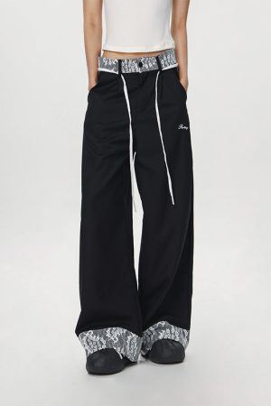 Women's Vintage Khaki Lace Splicing Work Pants - Casual Straight Micro-Flare Wide-Leg Trousers for Y2K Style