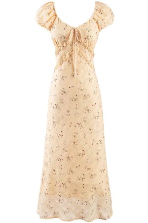 Women's Vintage Lace-Up Yellow Floral Long Dress - 2025 Summer Vacation Style, Boho Chic, French Inspired Fashion