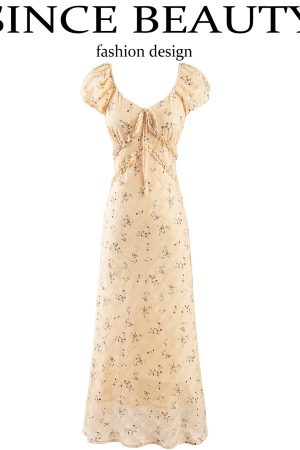 Women's Vintage Lace-Up Yellow Floral Long Dress - 2025 Summer Vacation Style, Boho Chic, French Inspired Fashion