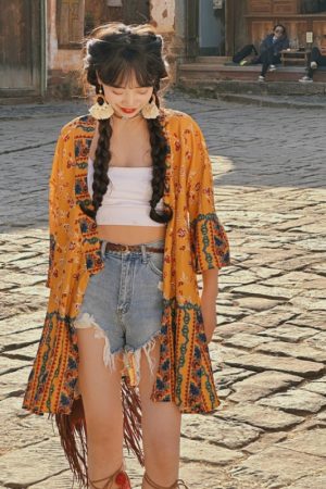 Women's Vintage Printed Cardigan for Thailand Travel - Sun Protection Clothing for Beach Outings and Casual Outfits