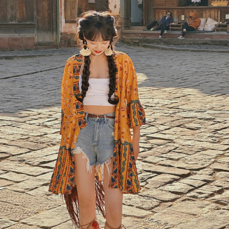 Women's Vintage Printed Cardigan for Thailand Travel - Sun Protection Clothing for Beach Outings and Casual Outfits Women's Vintage Printed Cardigan for Thailand Travel - Sun Protection Clothing for Beach Outings and Casual Outfits