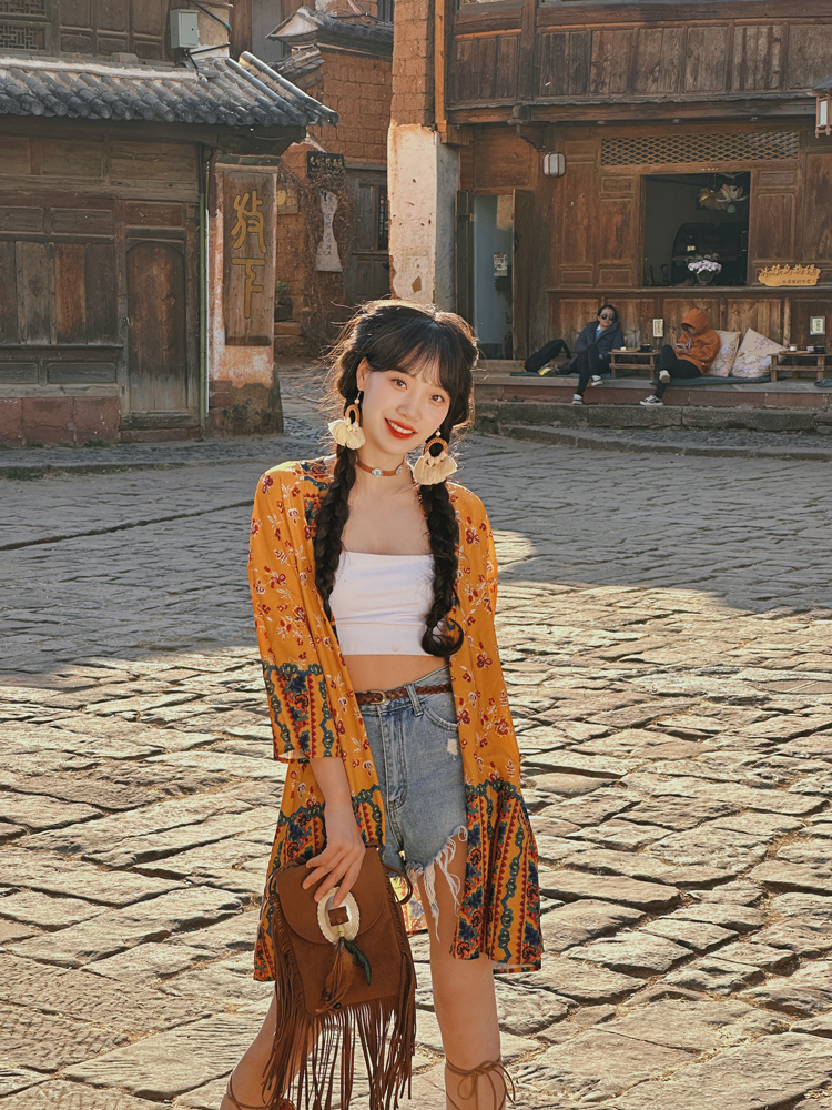 Women's Vintage Printed Cardigan for Thailand Travel - Sun Protection Clothing for Beach Outings and Casual Outfits Women's Vintage Printed Cardigan for Thailand Travel - Sun Protection Clothing for Beach Outings and Casual Outfits