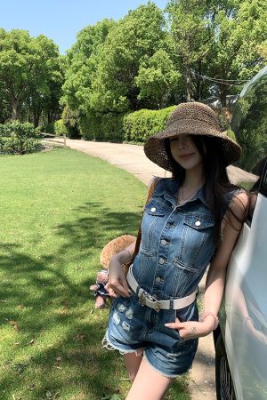 Women's Vintage Ripped Denim Jumpsuit - Summer Stylish Slimming Cool Sister Look, 90s Inspired Fashion