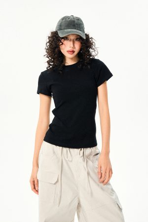 Women’s Vintage Slim Fit Crop Top - Basic Versatile Solid Color Short Sleeve T-Shirt for Summer Casual Style