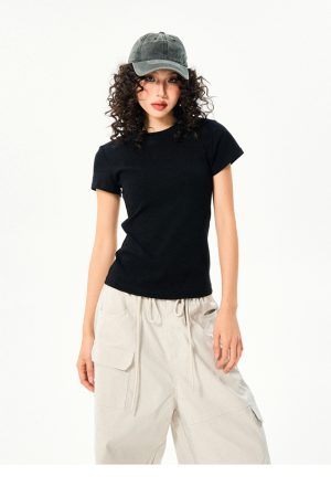 Womenâ€™s Vintage Slim Fit Crop Top - Basic Versatile Solid Color Short Sleeve T-Shirt for Summer Casual Style