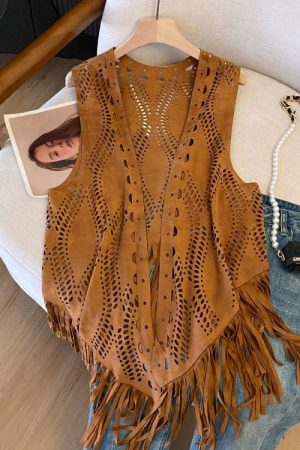 Women's Vintage Western Cowboy Style Suede Fringe Hollow-Out Vest for Travel - Boho Chic, Festival Ready