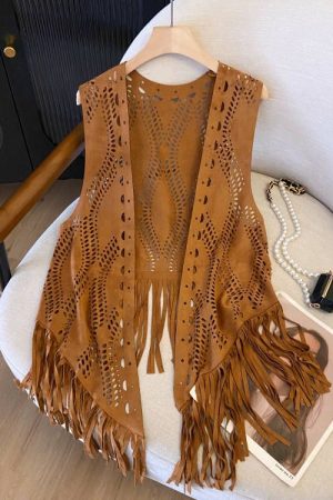 Women's Vintage Western Cowboy Style Suede Fringe Hollow-Out Vest for Travel - Boho Chic, Festival Ready