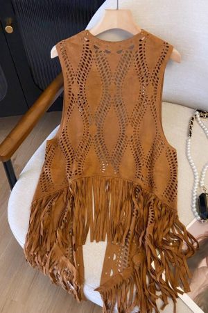 Women's Vintage Western Cowboy Style Suede Fringe Hollow-Out Vest for Travel - Boho Chic, Festival Ready