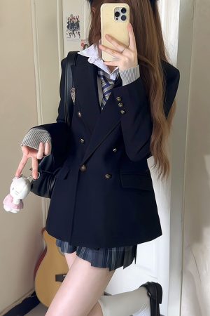 Women's Waist-Defined Pudding Bear JK Uniform Set Jacket - Small Size, Trendy 2025 Style, Perfect for Y2K and Korean Fashion