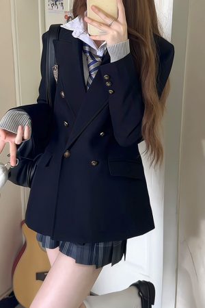Women's Waist-Defined Pudding Bear JK Uniform Set Jacket - Small Size, Trendy 2025 Style, Perfect for Y2K and Korean Fashion