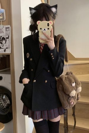 Women's Waist-Defined Pudding Bear JK Uniform Set Jacket - Small Size, Trendy 2025 Style, Perfect for Y2K and Korean Fashion